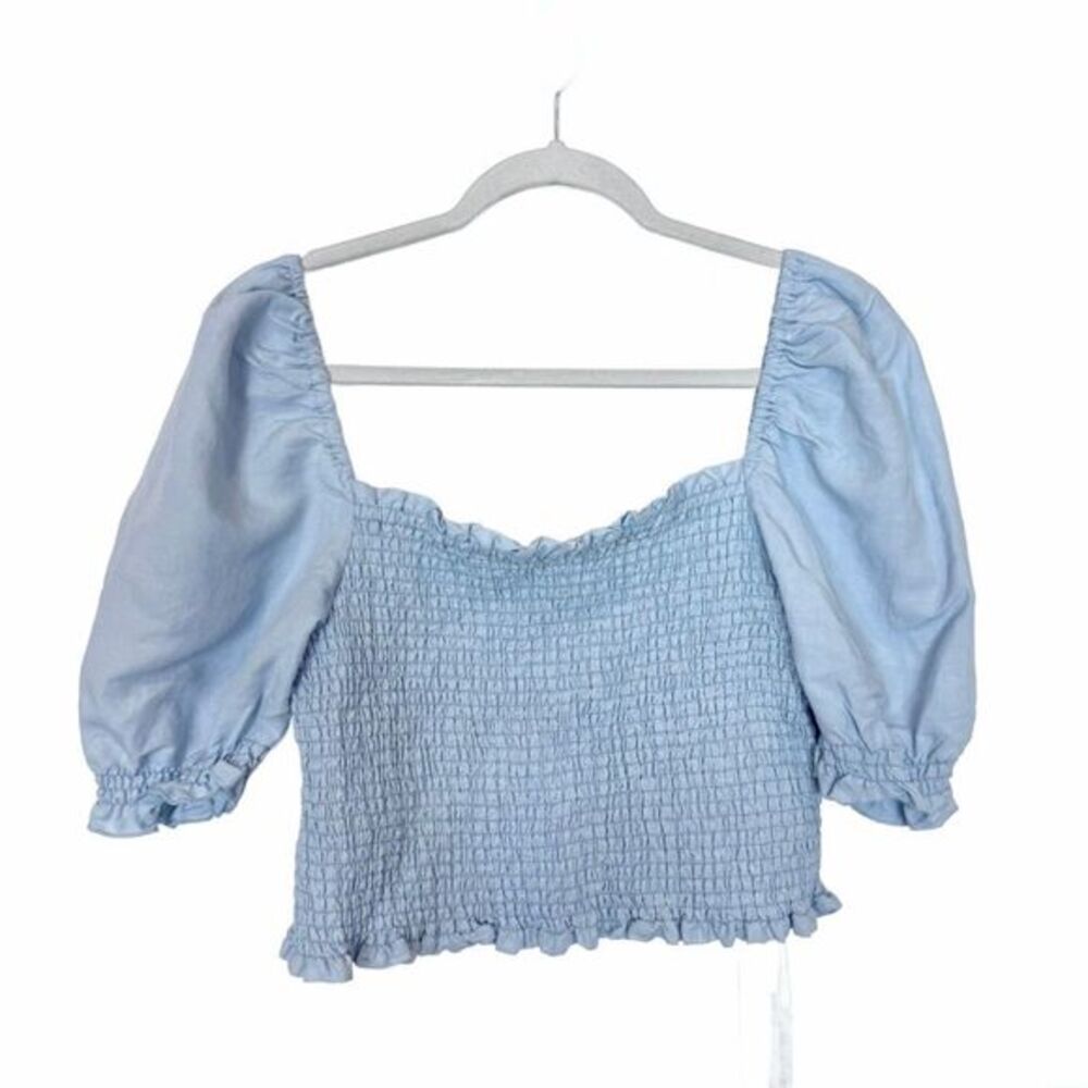 NWT Blank NYC Blue Smocked Puff Sleeve Crop Top XL Chambray Blouse Denim Linen